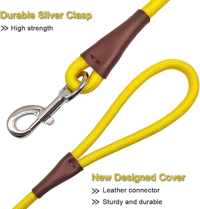 MayPaw 4/6 /8/10 FT Dog Leash, Classic Solid Colors, Strong Nylon Rope Dog Leash Reinforced with Leather Tailor Connection Heavy Duty Silver Clasp (Yellow, 6ft*1/2")
