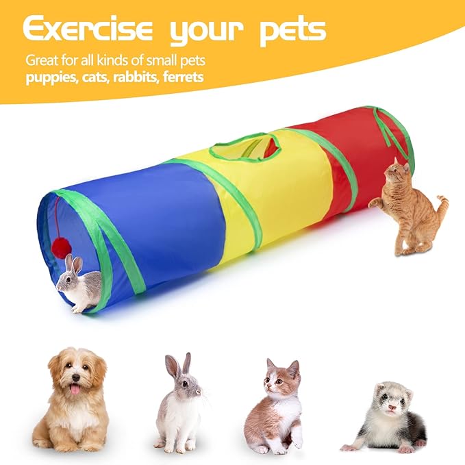 Sheldamy Cat Tunnel, 2-Way Cat Tunnels for Indoor Cats, Collapsible Cat Play Tunnel, Interactive Toy Maze Cat House with 1 Play Ball for Cats, Puppy, Kitty, Kitten, Rabbit (Rainbow)…