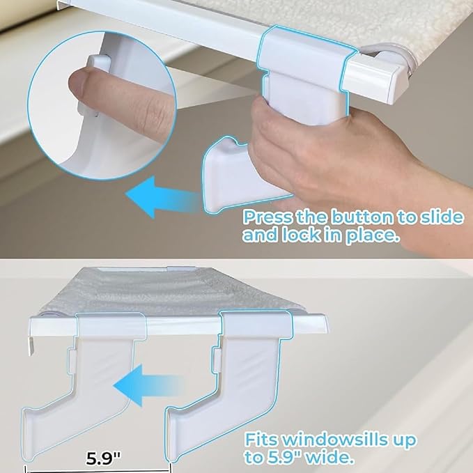 Cat Bed Window Sill Perch,Adjustable Cat Bedside Hammock Metal Frame Kitten Shelf Windowsill for Indoor Large Heavy Cats No Drilling Window Sill Extender for Pets (White, L)