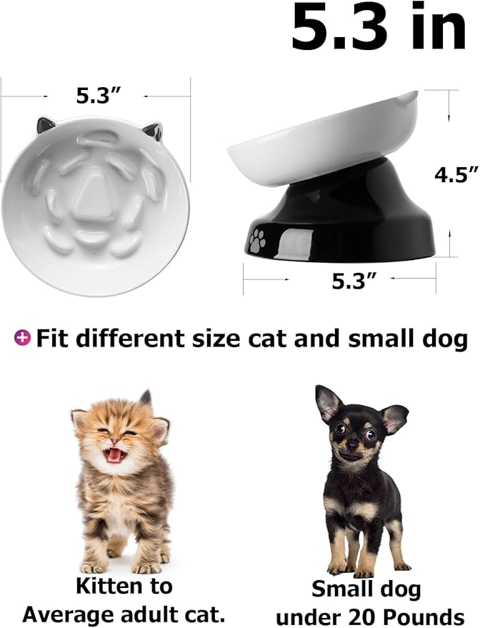 Y YHY Ceramic Cat Slow Feeder, Elevated Dog Food Bowl Tilted Design, Slow Feeder Bowl no Black Chin, Cat Shape for Dry and Wet Food