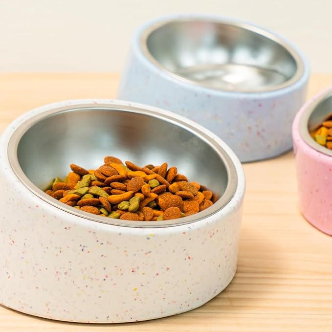 Bzyoo Pet Bowl for Small Dogs & Cats, Stylish Sprinkle Design, Elevated, (White w/Scoop, 2 Cups w/Scoop)