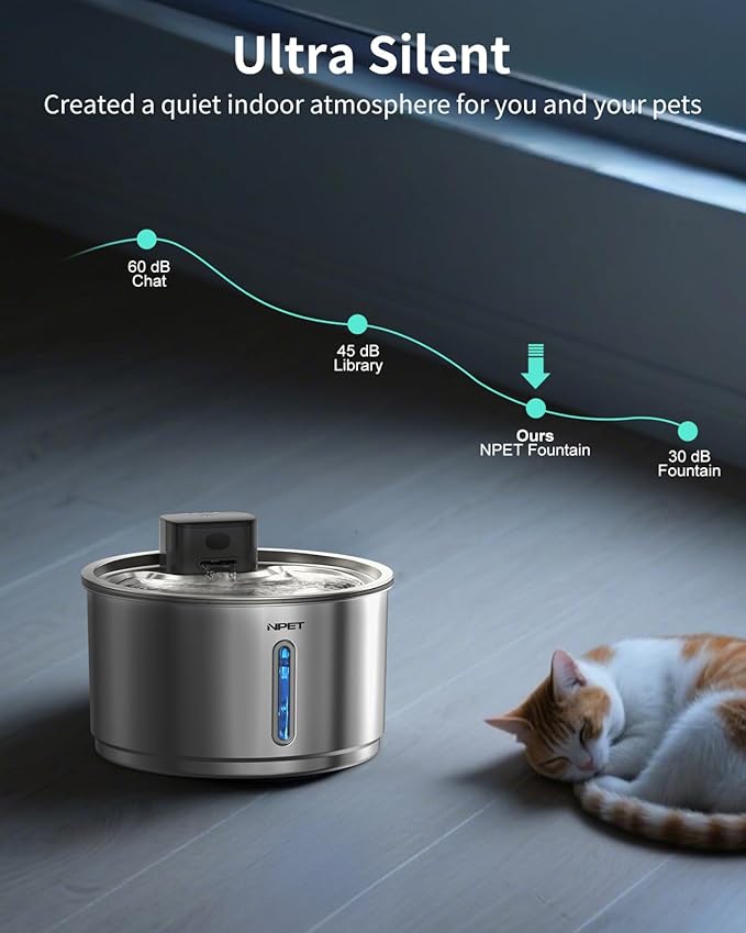 NPET Wireless Cat Fountain Stainless Steel, 1Gallon/135oz Battery Operated Automatic Pet Drinking Fountain - Cordless Dog Water Dispenser with 8 Replacement Filters for Cats Indoor