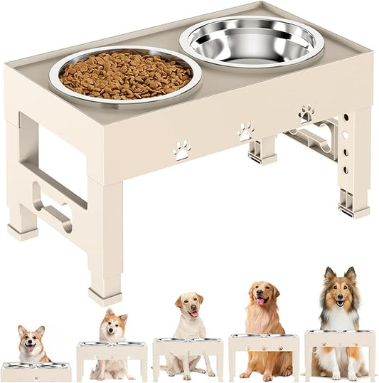 Elevated Dog Bowls with 2 Stainless Steel Bowls, Raised Dog Food Bowl Stand 5 Height Adjustable (3.1", 9", 10", 11", 12") Non-Slip Feeder Set for Medium and Large Dogs - Apricot