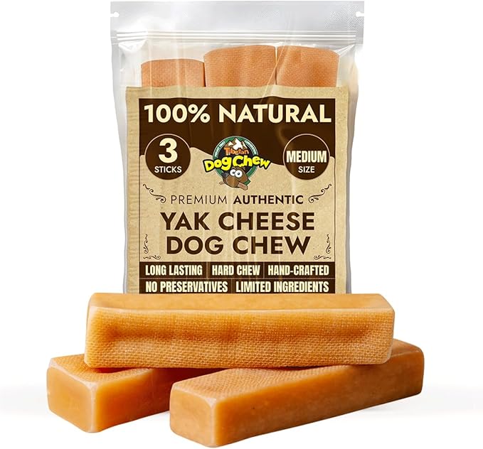 Tibetan Yak Cheese Dog Chew Sticks - Natural, Handmade, Long-Lasting, Easy to Digest, Ideal for Medium Dogs and Aggressive Chewers, Rawhide,Grain and Gluten Free, Keeps Dogs Busy, 3 Chews