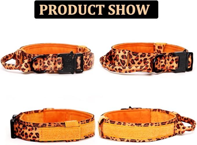 Tactical Dog Collar and Leash Set Tactical Dog Collar with Handle Bungee Leash Adjustable Military Training Nylon Collar Dog Training Collar Leash Set with Control Handleand Metal Buckle（Leopard S