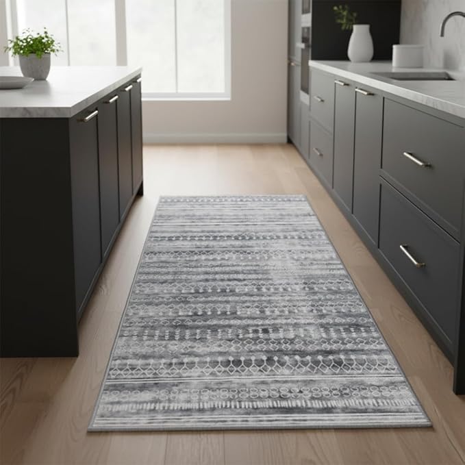 Muddy Mat짰 Greyline 2ft x 10ft Washable Area Rugs for Living Room, Bedroom & Dining Room ??Modern Soft Low Pile Non Slip Carpet ??Pet Friendly Waterproof Foldable Rugs for Home