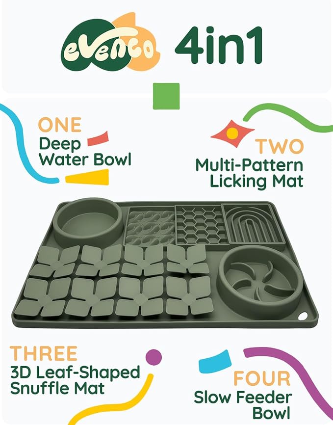 Slow Feeder Bowl, Silicone Lick Mat with Suction Cups for Dog Cat, Snuffle Mat for Pet Smell Training, Puzzle Toys for Bored Puppy, Interactive Sniff Mat for Slow Eating & Keep Busy, Dark Green