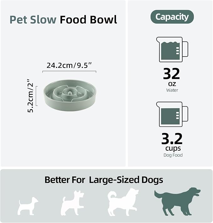Ceramic 3.2 Cup Slow Feeder Dog Bowl for Large Dog, 9.5inch Puzzle Food Dish, Anti-Gulping, Stop Bloat, Preventing Choking (Single Bowl-Light Green)