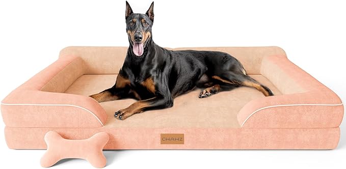 XXL Dog Bed for Extra Large Dogs, Giant Orthopedic Dog Bed with Cooling Gel Memory Foam, Waterproof Pet Bed with Removable Washable Cover, 53" Pet Sofa bed Dutch Velvet with Bone Toy, Peach Pink