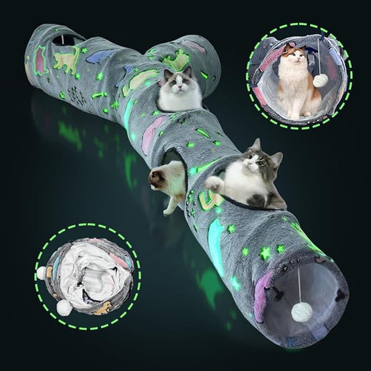Cat Tunnels for Indoor Cats, Self-Luminous Cat Tunnel with Plush Ball, 3 Way Kitten Tunnel Collapsible, Cat Play Tunnel with Interactive Peephole for Large Cat, Puppy, Kitten