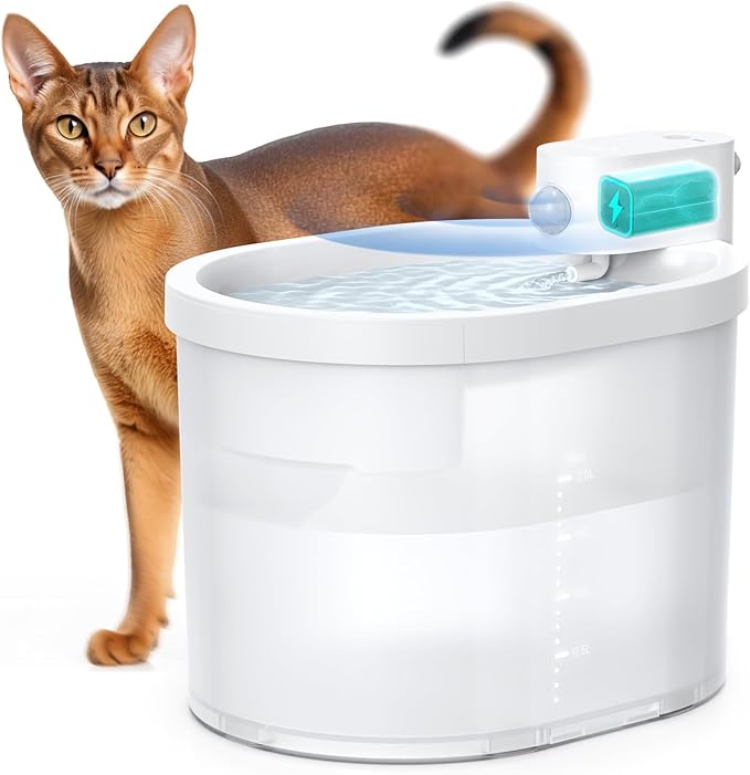 uahpet Cat Water Fountain, Wireless & Battery Operated 2L/67oz Pumpless Automatic Pet Fountain with Motion Sensor, Food-Grade ABS Tray, Easy to Clean Water Dispenser for Cats