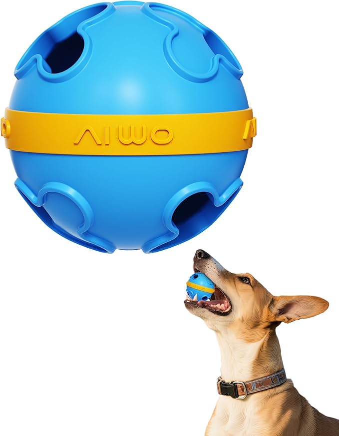 Interactive Dog Treat Dispenser Clover Ball Bite Resistant TPR Puzzle Feeder for All Dog Size Fun Bounce Fetch Toy with Dual Holes, Washable Pet Enrichment Chew Toy for Boredom Relief & Slow Blue