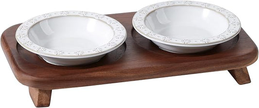 Raised Double Cat Dishes Set with Acacia Wood Stand, Ceramic Food & Water Bowls for Cats, Puppy, Kitty, Cat Feeder, Prevent Whisker Fatigue(Double Bowls+Stand, Arctic White)