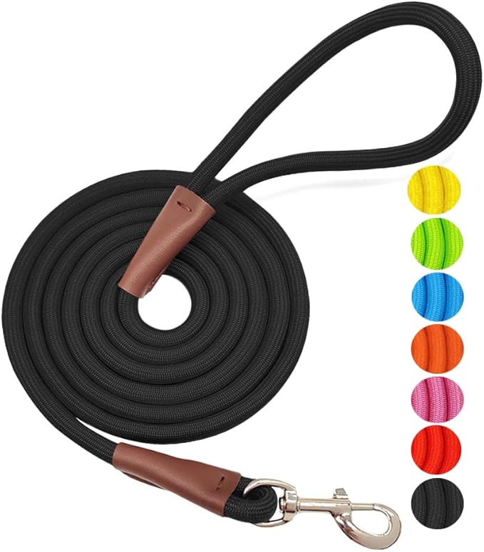 MayPaw 4/6 /8/10 FT Dog Leash, Classic Solid Colors, Strong Nylon Rope Dog Leash Reinforced with Leather Tailor Connection Heavy Duty Silver Clasp (Black, 6ft*1/2")