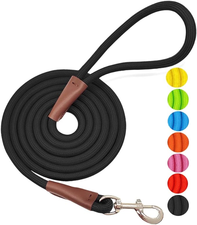 MayPaw 4/6 /8/10 FT Dog Leash, Classic Solid Colors, Strong Nylon Rope Dog Leash Reinforced with Leather Tailor Connection Heavy Duty Silver Clasp (Black, 4ft*1/2")