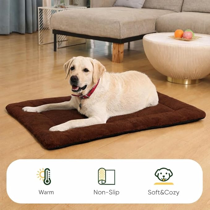 Dog Crate Pad, 42 Inch Machine Washable Plush Dog Crate Mat for Large Dogs, Soft Anti-Slip Kennel Pad & Pet Bed Mat for Metal Crates, Brown