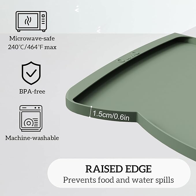 OHMO Dog Food Mat(Sage Green, 24 * 15'') w/Residue Collection Pocket Silicone Pet Feeding Mat for Floor High Edges Anti Spills Waterproof Cat Water Bowl Tray, Easy Clean Placemat