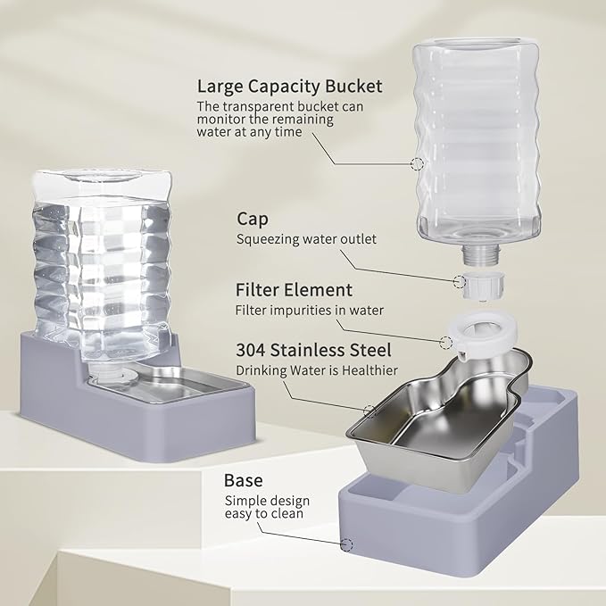 Sfozstra Dog Water Bowl Dispenser: 8L Lagre Automatic Gravity Light Gray Upgraded Pet Water Dispenser - Stainless Steel Bowl - BPA-Free - Two Caps and Filters for Multiple Pets
