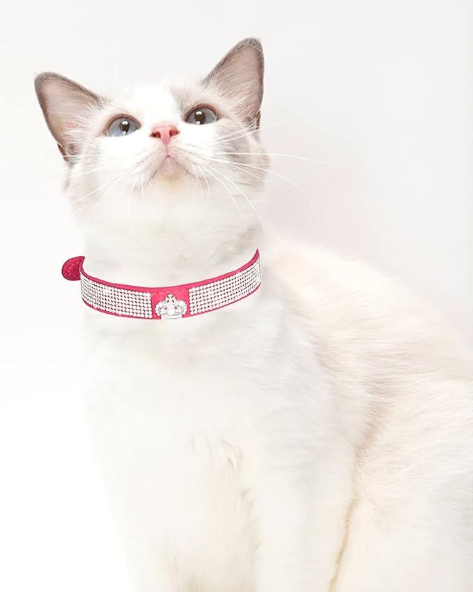 Dog Collar for Small Dogs, Adjustable Leather Suede Bling Dog Collars，Pink Dog Collar Cat Collar, Rhinestone Dog Collar (L, Rose red3)