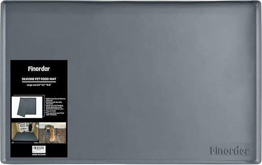 Finorder 34"x 21" 100% Silicone Pet Feeding Mat, Higher Raised Edges and Slip Resistant Pet Food and Water Bowl Mat, Waterproof Pet Food Placemat Silicone Tray, Dishwasher Safe (Grey)