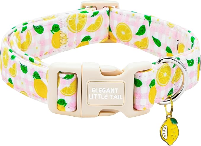 Elegant little tail Dog Collar, Pink Lemon Print Spring/Summer Soft Cotton Puppy Collars Adorable Female Pet Gift Lightweight Plastic Adjustable Dog Collar for Small Dogs