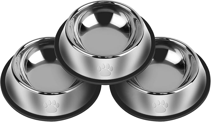 3Pcs Stainless Steel Dog Bowls Set with Dog Paw Pattern- Non-Slip Food and Water Bowl 20 Oz - Dishwasher-Safe, Rust Resistant Metal Pet Bowls for Small/Medium/Large Sized Pets