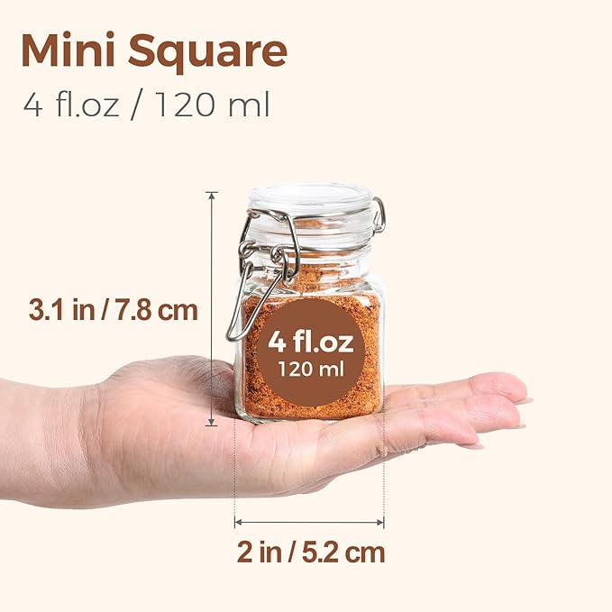 ComSaf 4 oz Glass Jars with Lid, Set of 12 Mini Airtight Glass Jars, Spice Jars, Small Mason Jar, Canning Jar Square with Seal Wire Clip Fastening, Labels & Funnels for Jam, Honey, Kitchen, Wedding