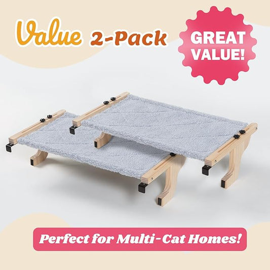 Zakkart 2PC Easy Seat Cat Perch for Window Sill - Hammock Design w/Pine Wood & Robust Metal Frame - Cat Window Seat for Large Cats and Kittens (Natural Color Wood w/Gray Bed, Medium (23''W x 14''D))