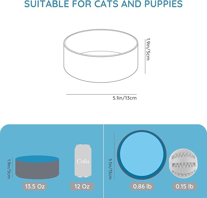 SPUNKYJUNKY 13.5OZ Ceramic Dog and Cat Bowl, Modern Cute Weighted Food Water Bowl for Replacement Blue-Grey (1 Pack)