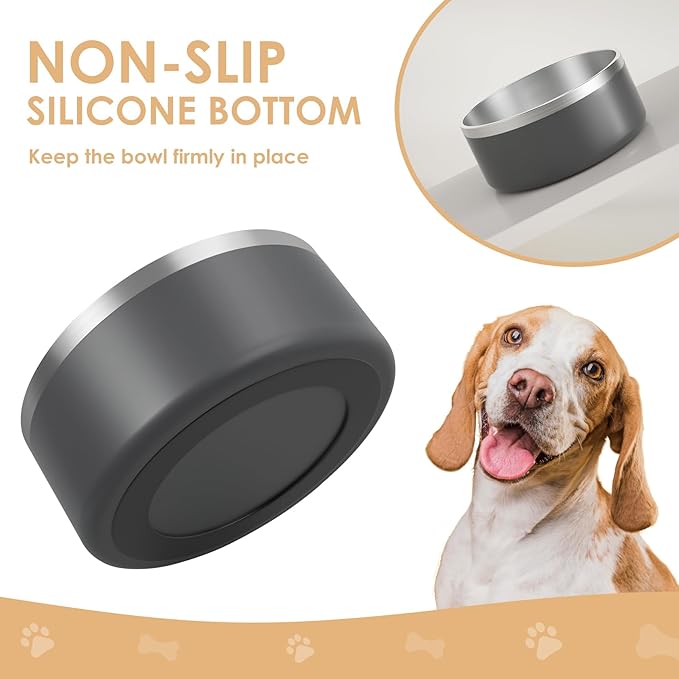 IKITCHEN Dog Bowl for Food and Water, 64 Oz Stainless Steel Pet Feeding Bowl, Durable Non-Skid Insulated Heavy Duty with Rubber Bottom for Medium Large Sized Dogs (64 Ounces/8 Cup, Grey)