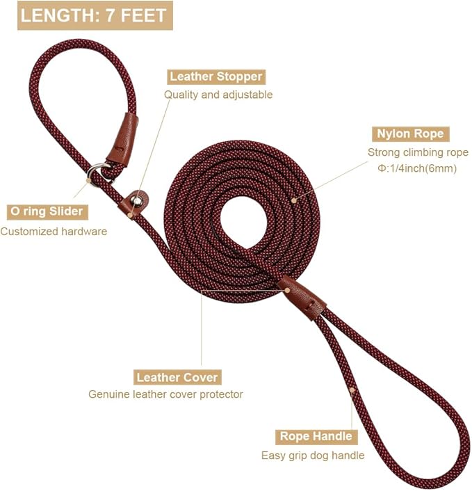BTINESFUL 7FT Slip Lead Dog Leash, Strong Nylon Rope Leash, 1/4" No Pull Dog Training Lead for Small Medium Dogs