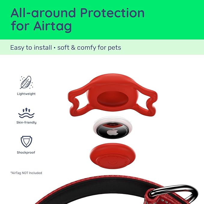 Airtag Dog Collar, Reflective Ultra-Durable Nylon Padded with QR Code Buckle & IP68 Waterproof Air Tag Holder Compatible for Apple AirTag, Comfortable for Small Medium Large Dogs(Red,L)