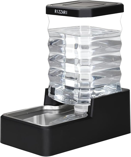 RIZZARI Stainless Steel Dog Dispenser: 8L Large Capacity Gravity Waterer - Clear Tank Water Level View -No Mess Keeps Floors Dry- No Power Needed - for Medium Dogs - Kitchen Corner/Crate Area