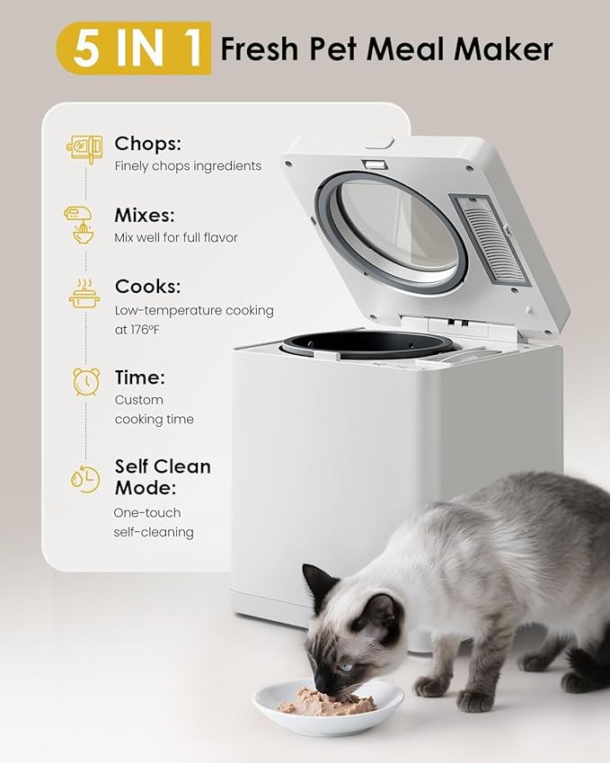 Pet Fresh Meal Maker, Auto 5-in-1 Pet Food Cooker with Chop,Slow Cook, Mix, Self-cleaning and Timer, 2.6 Quart Capacity Dog Food Maker Makes 1.5 Lbs Foods for 2 Dogs, DIY Pet Recipes, Wet or Dry Food.