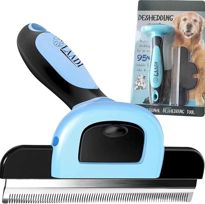 LAADI Deshedding Tool for Dogs and Cats - Reduces Shedding by Up to 95% in Less Than 10 Minutes - Professional Grooming Brush for All Hair Types - Ergonomic Design and Skin Massage Needles - Blue