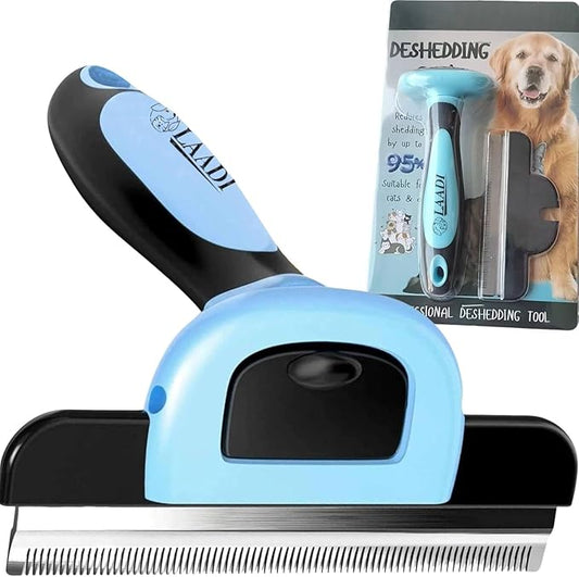 LAADI Deshedding Tool for Dogs and Cats - Reduces Shedding by Up to 95% in Less Than 10 Minutes - Professional Grooming Brush for All Hair Types - Ergonomic Design and Skin Massage Needles - Blue