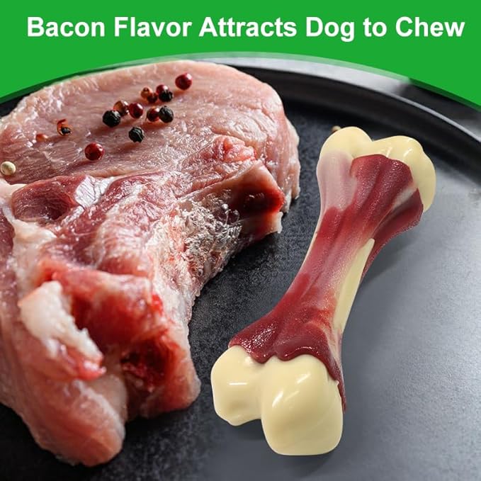 2 Pack Dog Chew Toys for Aggressive Chewers, Bacon Flavor Indestructible Nylon Puppy Bone Tough Teething & Calming for Large Medium Breeds(10lbs-70lbs) Birthday Gift Christmas