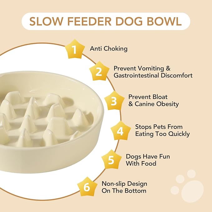 Ceramic 3.2 Cup Raised Slow Feeder Dog Bowl Set, Elevated 8.2inch Bowl and 9.5inch Slow Pet Food Dish with Wooden Stand for Large Dog (2 x Beige+ Stand)