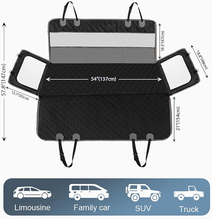 Dog Car Seat Cover, 4-Layer Waterproof Back Seat Protector with Mesh Windows,3 Accessories Pockets Nonslip Pet Hammock Style for Cars Trucks SUVs, Include 1 Dog Safety Belt (Black-Grey)