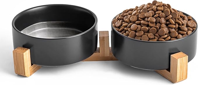 Black Ceramic Dog & Cat Bowl Set – 13.5 OZ with Wooden Stand, Non-Slip, Elevated Design for Small Dogs & Cats – 2 Bowls (Food & Water, Ceramic Pet Bowls, Modern Dog Bowls)