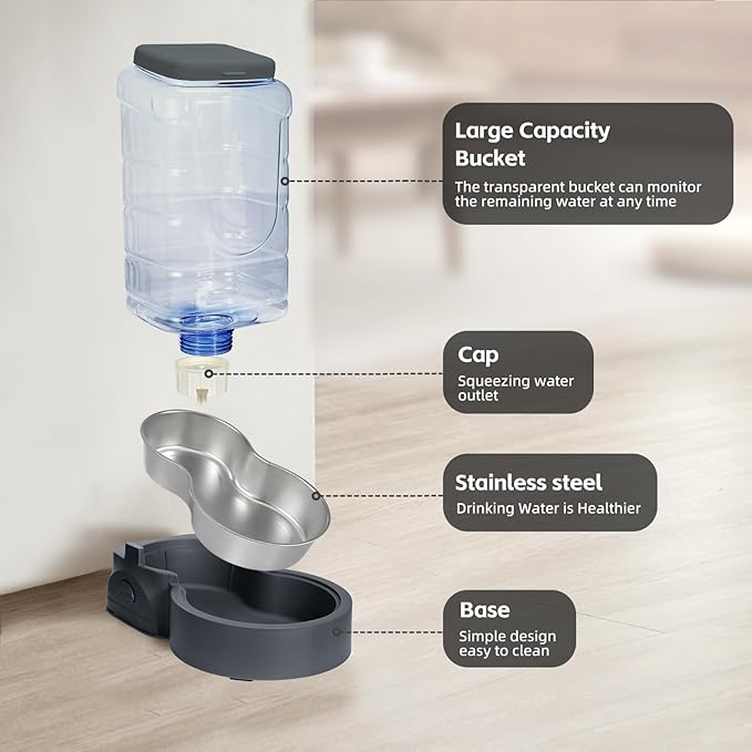 Automatic Cat Water Feeder and Food Bowl, Gravity Stainless Steel Cat Waterer Set for Small Medium Kitten Puppy Pets(1 Gallon + 12oz，Grey)
