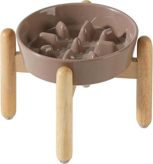 Ceramic 1.2 Cup Dog Raised Slow Feeder Set, Elevated Bowl with Wooden Stand for Medium and Small Dog, 7.3inch Slow Feeder Dish for Fast Easters(Brown Coffee, Single Bowl+ Stand)