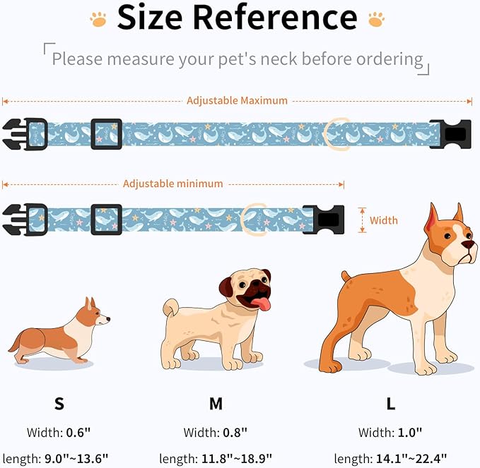 Cotton Dog Collar,Adjustable Cute Puppy Collar with Moon Patterned Design for Small Medium Large Dogs,Soft and Fancy Pet Collar with Safety Buckle for Girl Boy Dogs (Blue Whale, Medium)