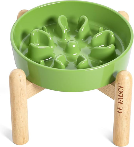 LE TAUCI Ceramic Slow Feed Dog Bowls, Elevated for Small Breeds, Anti-Gulping, Non-Slip, 6 inch, Green