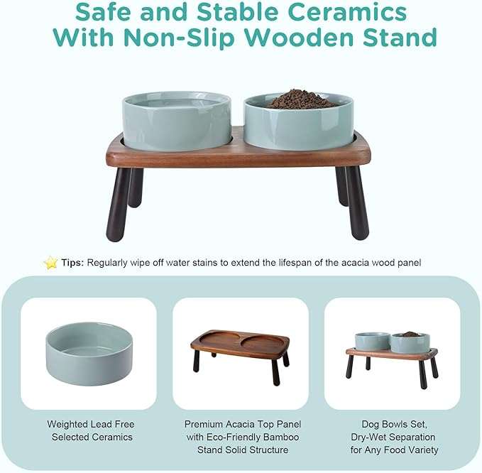 SPUNKYJUNKY Ceramic Elevated Dog Bowls Raised with Acacia Bamboo Wooden Stand, 6.1'' Dog Cat Food Water Bowls Set Non-Slip for Small Medium Sized Breed Microwave Dishwasher Safe - 28.7 OZ,Light Green