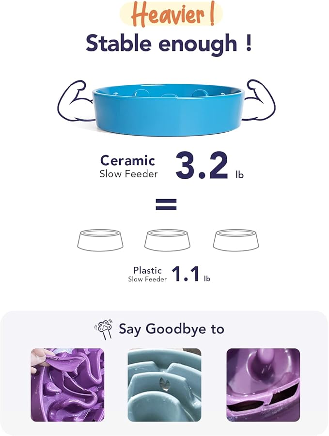 LE TAUCI Ceramic Slow Feeder Dog Bowls for Small and Medium Breed, 1.5 Cups Elevated Dog Bowl for Fast Eaters, Puzzle Bowl for Small Dogs and Cats, Vortex Blue