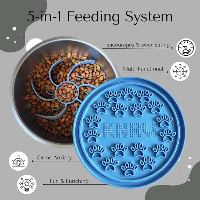 Slow Feeder Dog Bowls with Premium Accessories | Slow Feeder Insert & Silicone Lick Mat Lid - Heavy Duty, Stainless Steel Dog Bowl | Non-Slip & Durable, 64 oz | Medium to Large Dogs (Eli Blue)