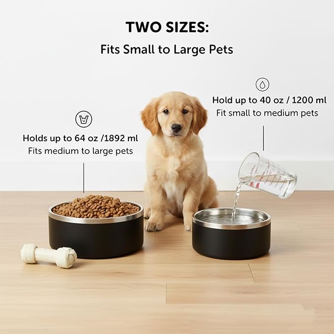 Dog Bowls, Stainless Steel Dog Food and Water Bowl for Small to Large Breed, Anti-Slip, Dishwasher Safer, Rust-Resistant, Easy to Clean, Weighted Durable Metal Bowl (Black, 40 oz)