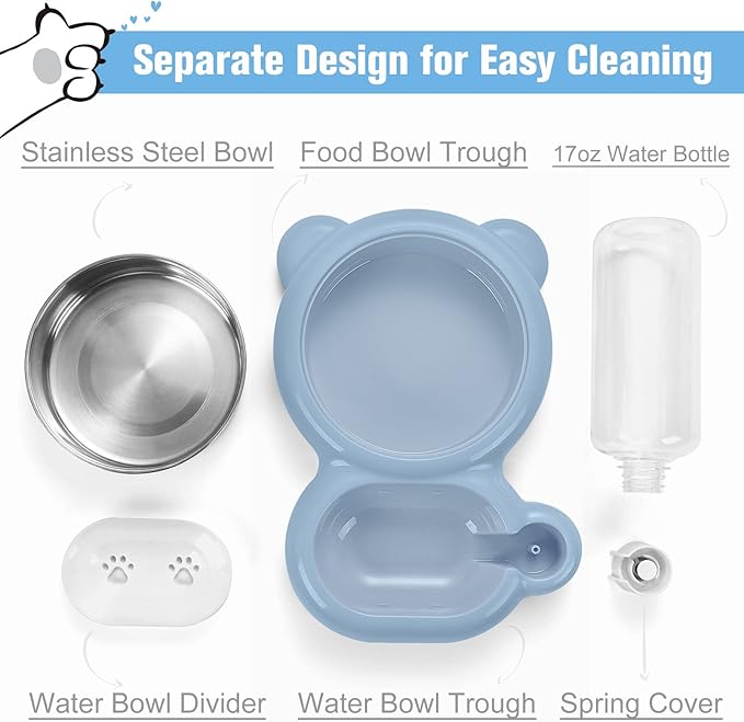 Dog Bowls, Cat Food and Water Bowl Set with Water Dispenser and Stainless Steel Bowl for Cats and Small Dogs - Light Blue
