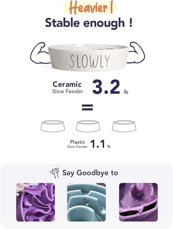 Ceramic Slow Feeder Dog Bowls Small Breed, 0.6 Cups Dog Food Dish for Fast Eaters, Puzzle Bowl for Small Dogs and Cats,White